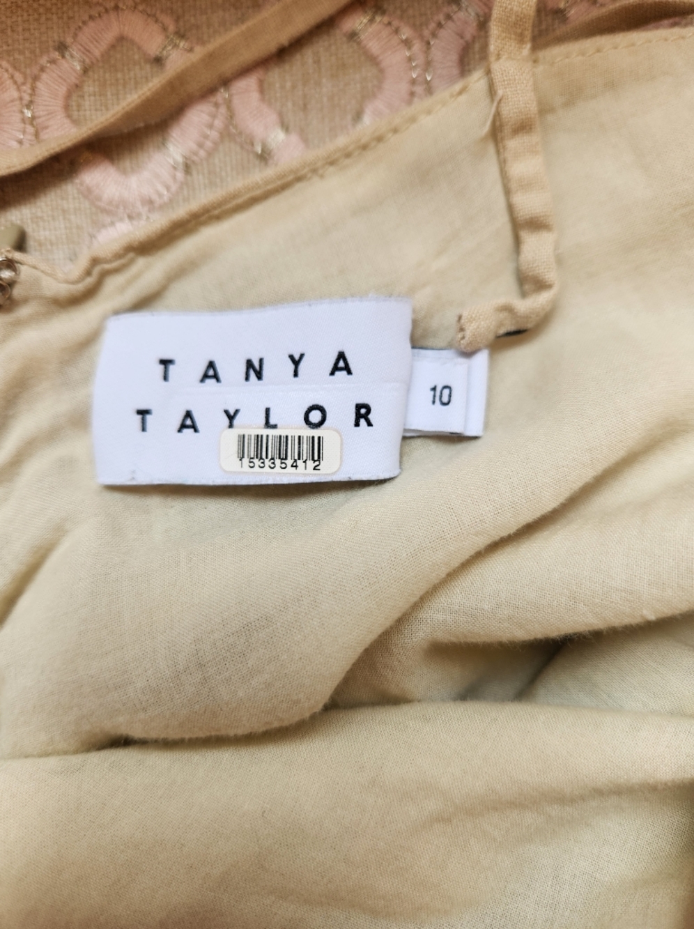 Tanya Taylor Women's Midi Meredith Dress, Tan/Black Polka Dot Linen Size 10 $565 - Picture 7 of 14